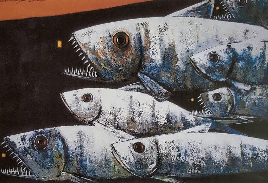 Masdibyo, Expresi 7 Ikan, mixed media on canvas, 140 cm x 200 cm, 2006. Foto: Lelang-lukisanmaestro.blogspot.co.id